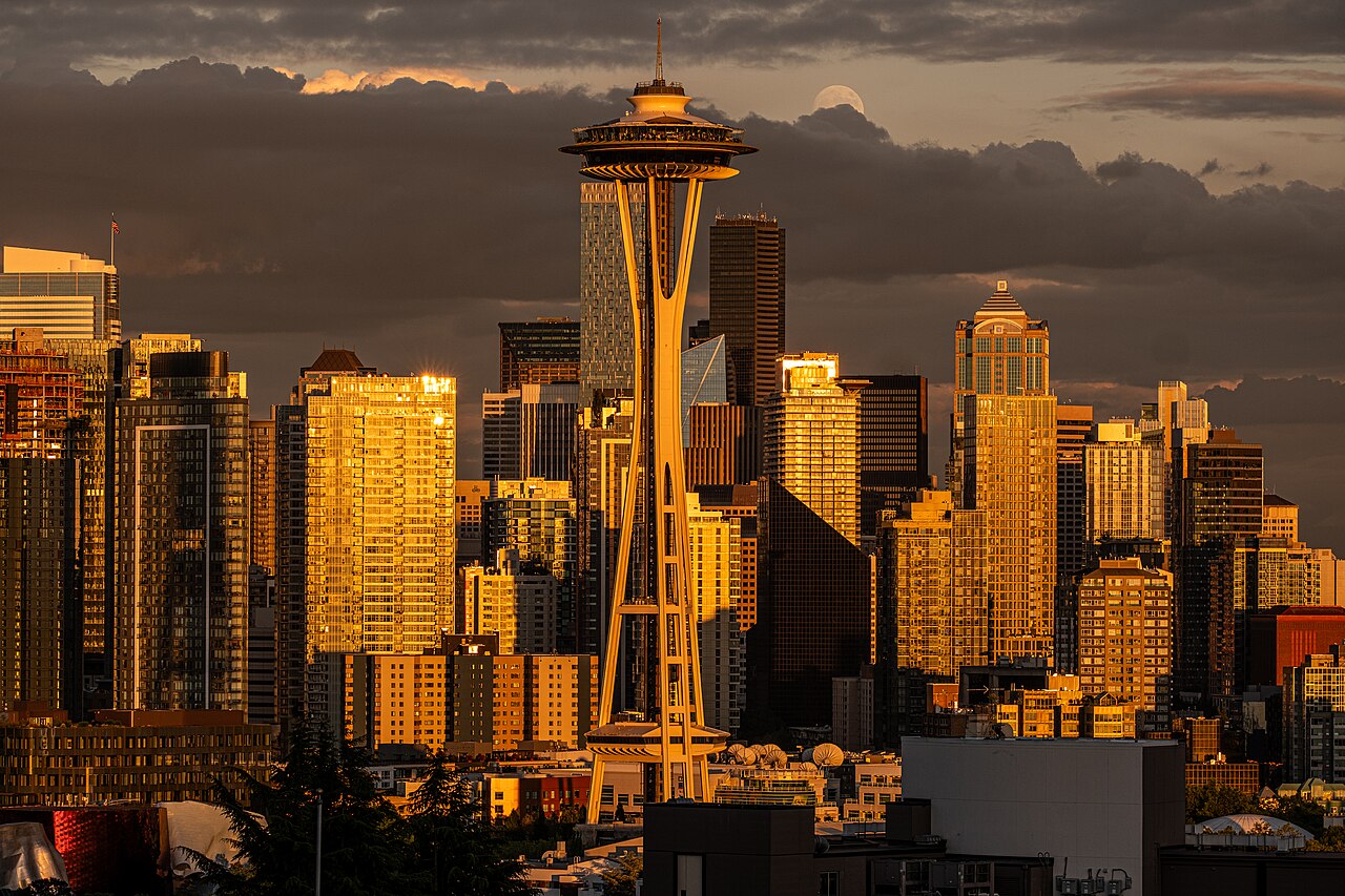 Space Needle and Seattle skyline from Kerry Park with waxing gibbous moon, 27 June 2026